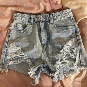 high rise light wash  distressed jean shorts